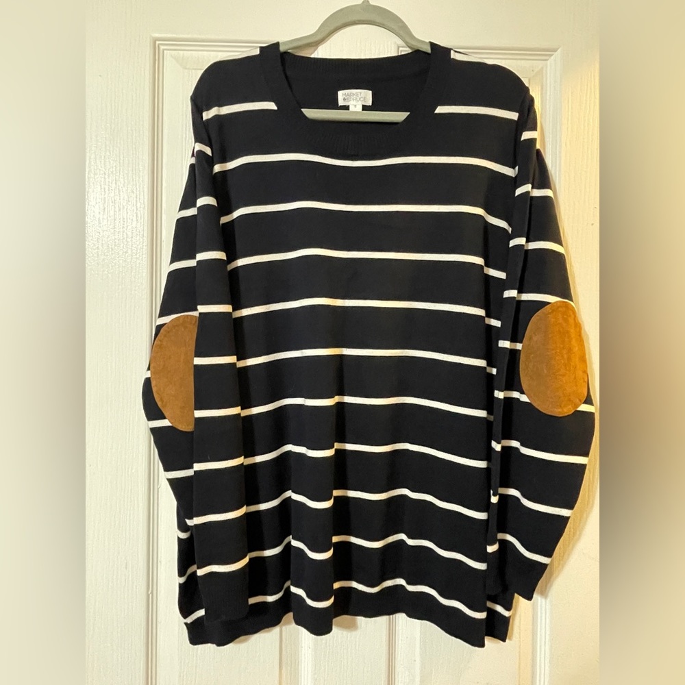 Navy/White sweater with suede elbow patches / Market & Spruce / 3x
